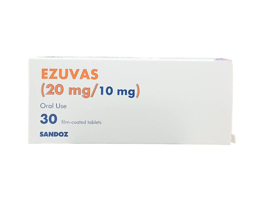 EZUVAS 20mg/10mg 30 เม็ด ยารับประทานที่มี rosuvastatin และ ezetimibe บรรจุภัณฑ์กล่อง