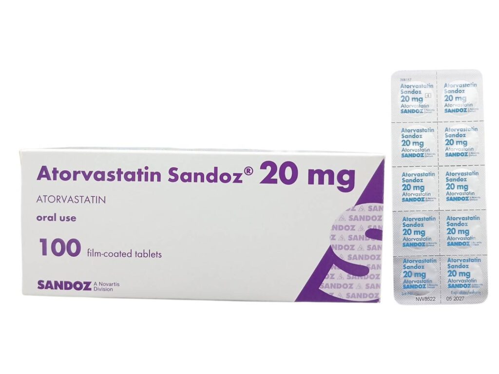 Atorvastatin Sandoz 20 mg 100 tablets box