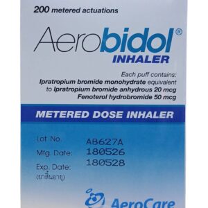 กล่องยาพ่นสูด Aerobidol Inhaler (Ipratropium bromide 20 mcg + Fenoterol hydrobromide 50 mcg) บรรจุ 200 ครั้งพ่น (ฉลากภาษาอังกฤษ)