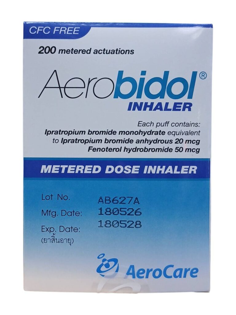 กล่องยาพ่นสูด Aerobidol Inhaler (Ipratropium bromide 20 mcg + Fenoterol hydrobromide 50 mcg) บรรจุ 200 ครั้งพ่น (ฉลากภาษาอังกฤษ)